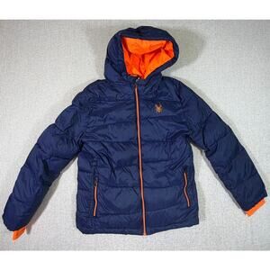 Spyder Kids 10/12 Blue Orange Puffer Zip Front Long Sleeve Jacket Coat Winter
